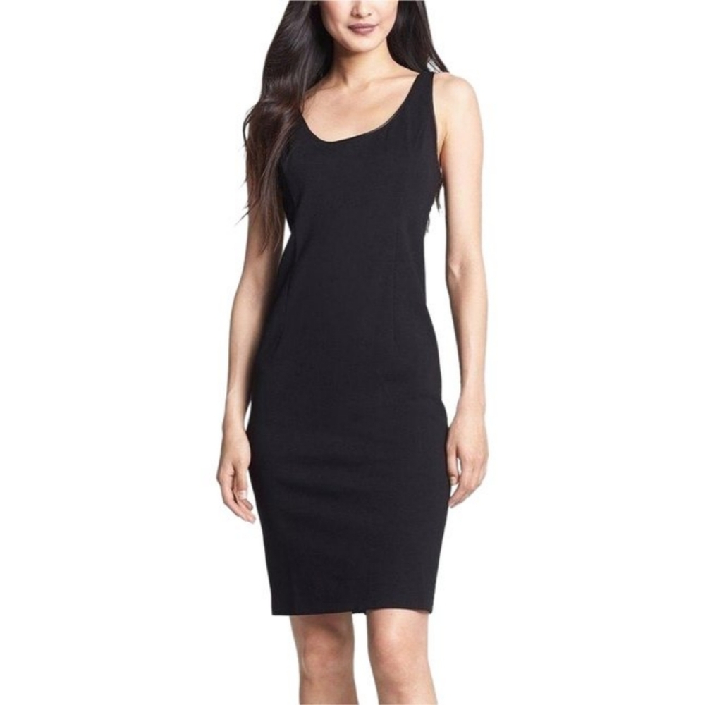 Eileen fisher black leather trim sheath dress